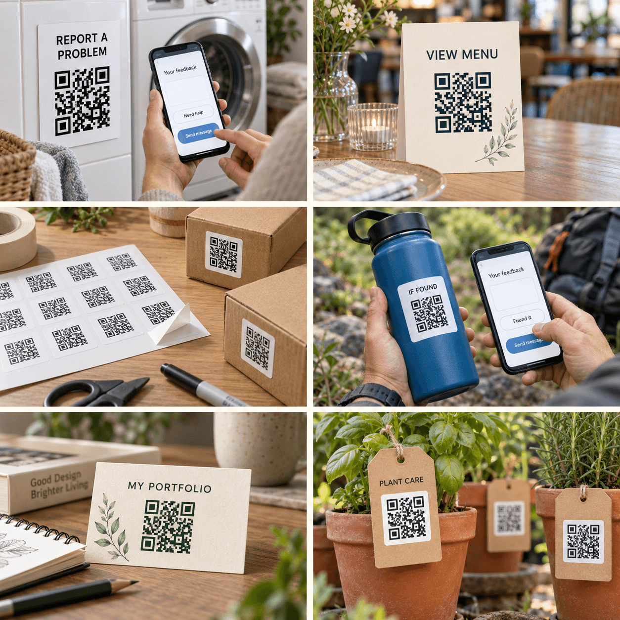 QR Notify maintenance feedback and found-item messages, QR Link restaurant menus and portfolio cards, and QR Labels on shipping boxes and plant-care tags.